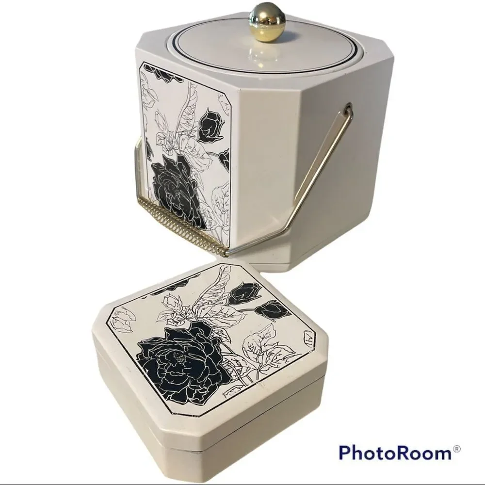 Vintage Mid Century Laquer Ware Ice Bucket and Coasters. Black and white floral.